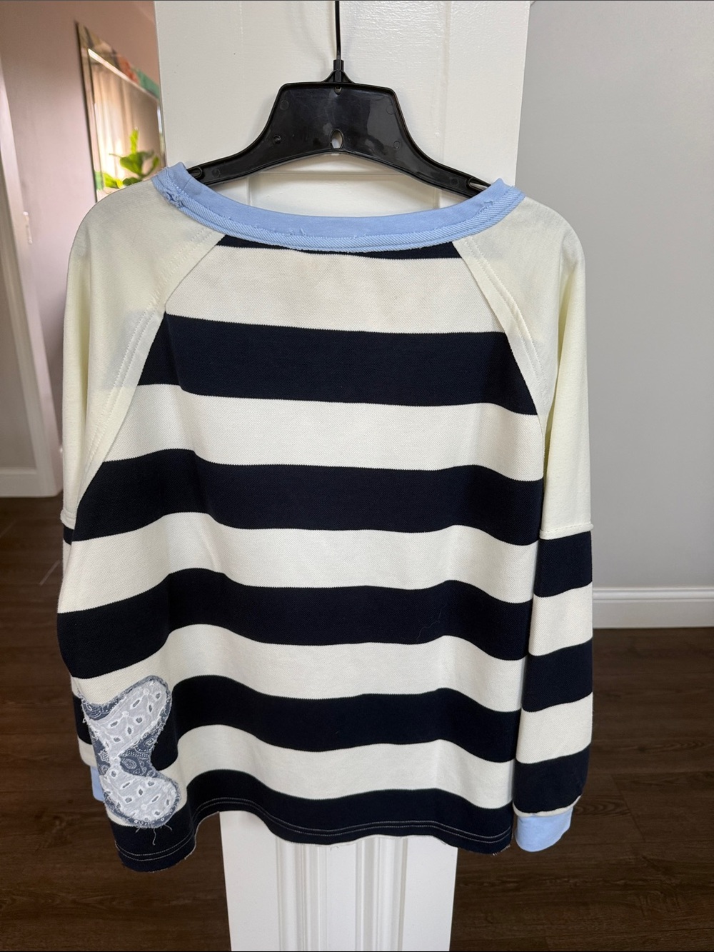 BiBi Color Block Patchwork Striped  Floral Pullover Top in Blues Large - Picture 7 of 9